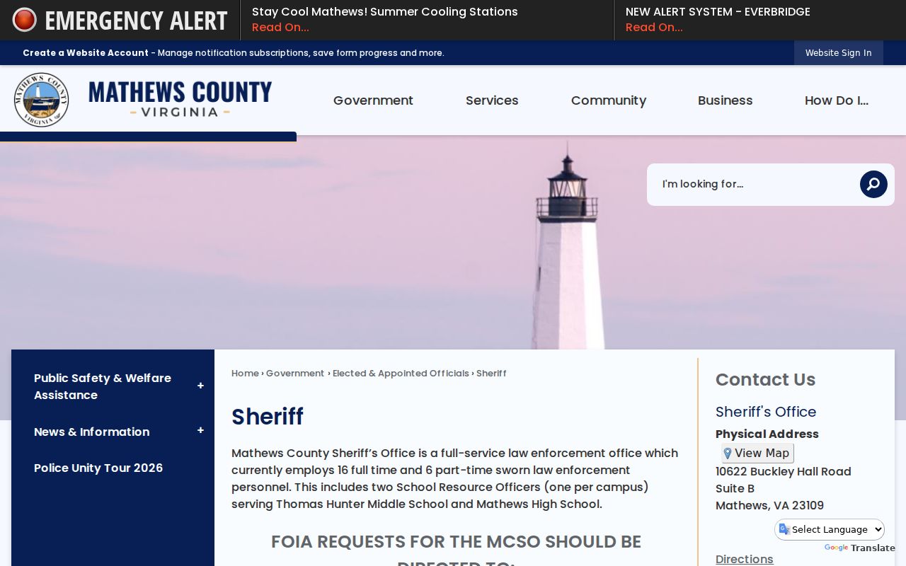 Mathews County arrest lookup source at the Sheriff's Office