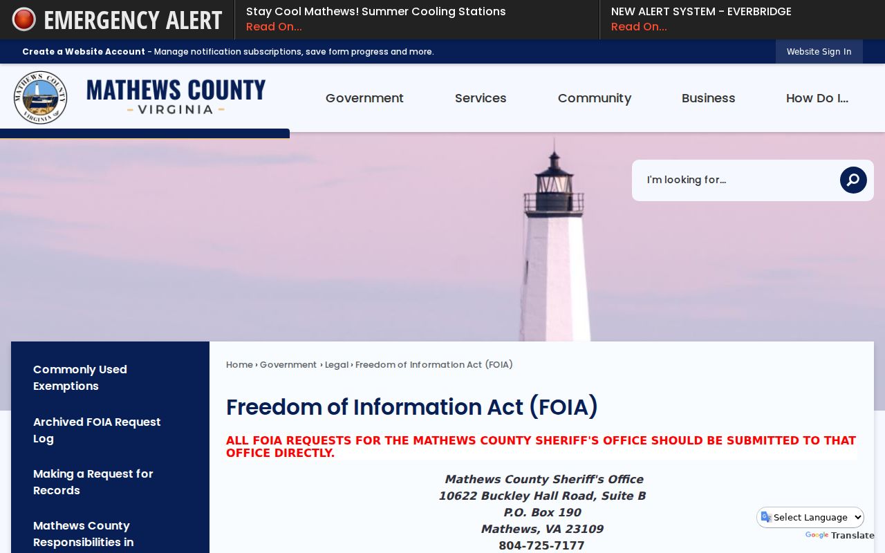 Mathews County criminal records VFOIA request information