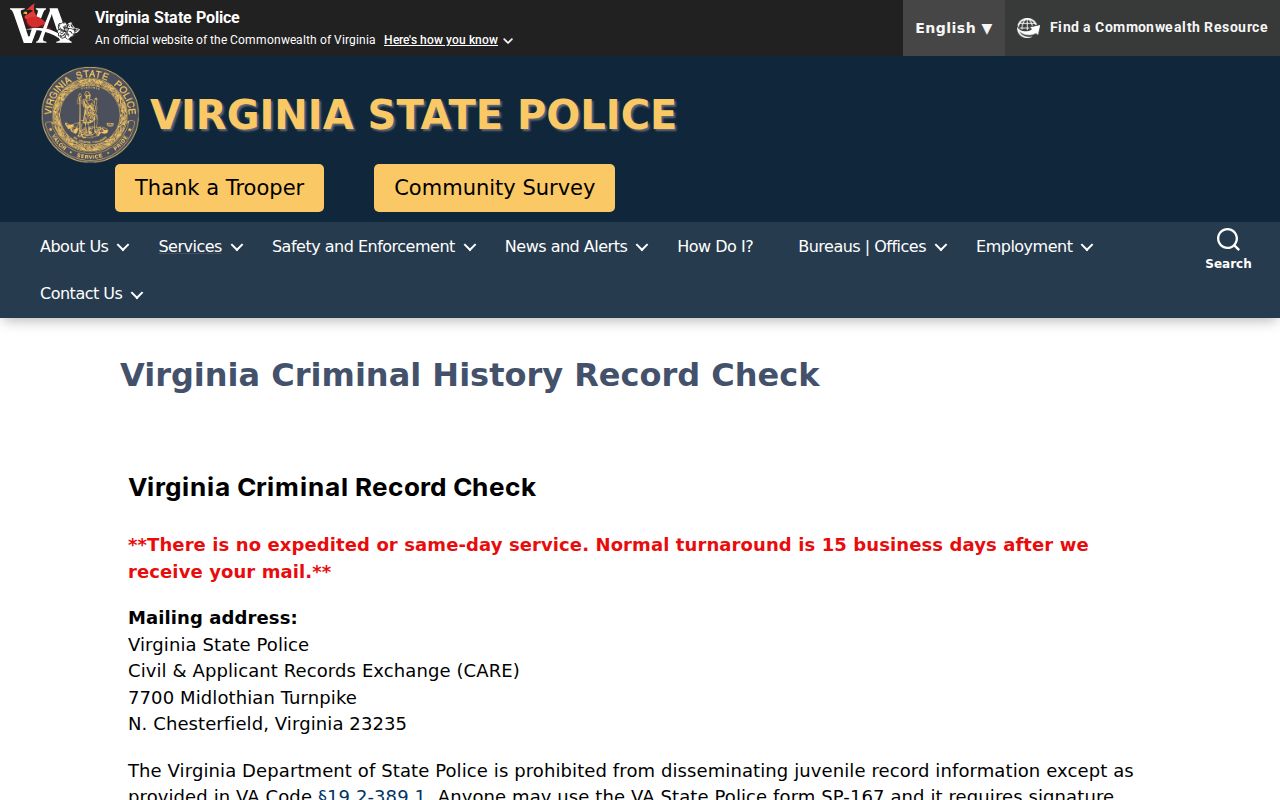 Mathews County criminal history Virginia State Police forms